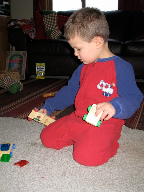 Playing with his Automoblox (These are very cool!)