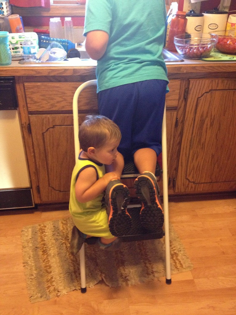 The step stool was way too enticing for Kirby, so he decided to climb up and try to help too.  :)
