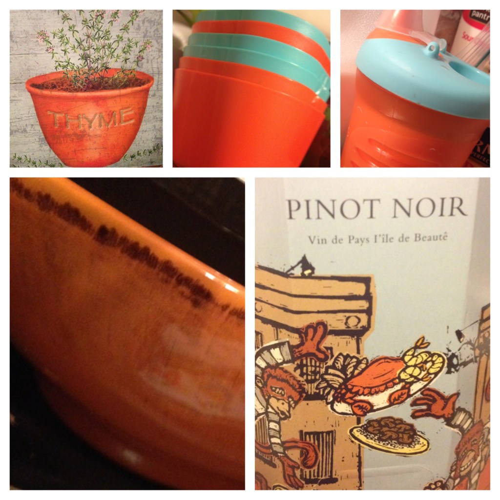 My "Thyme" Canvas, my new IKEA bowls, Kirby's new sippy cup, the orange bowl I couldn't pass up at HomeGoods, and then of course, my Pinot Evil (Pinot Noir)